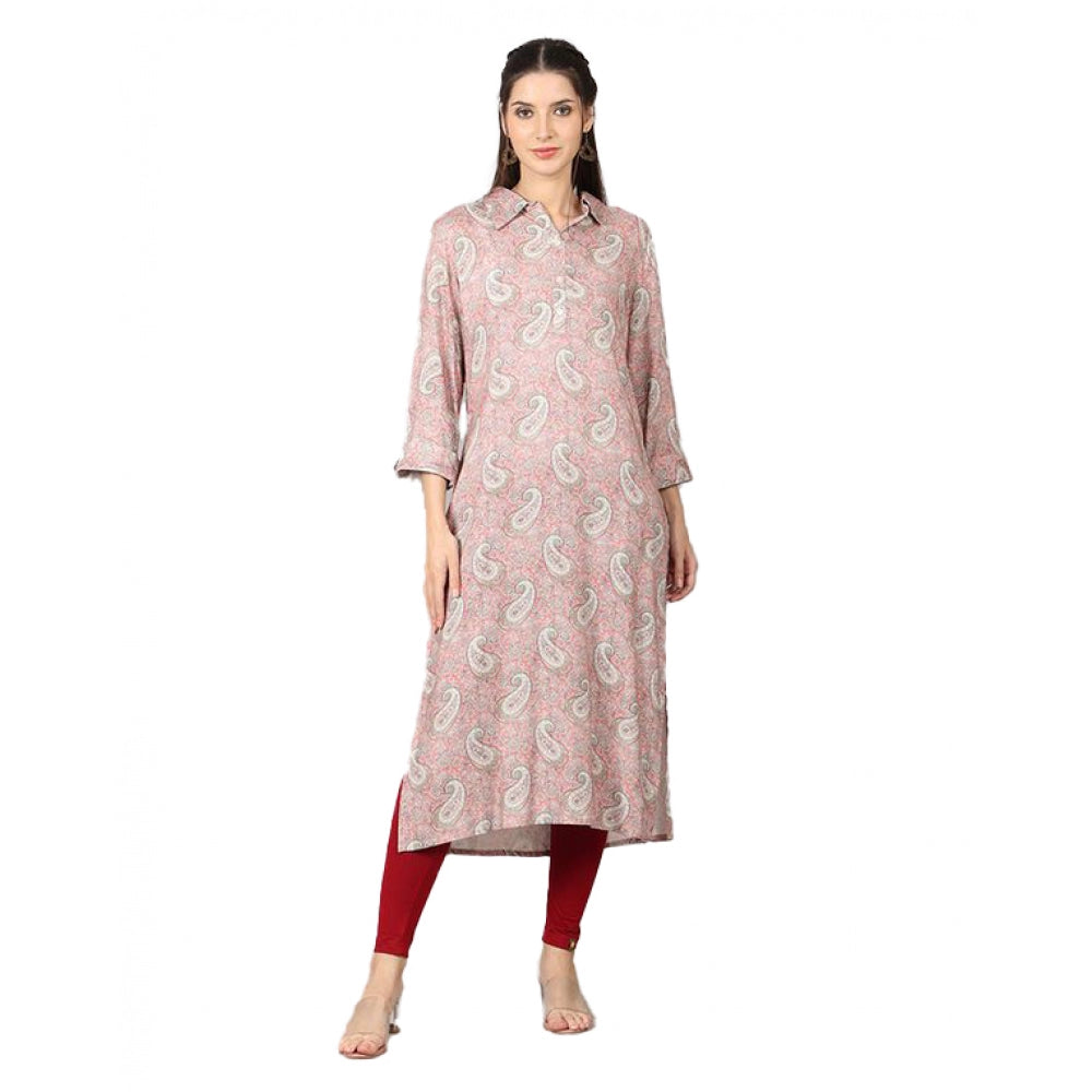 Generic Women's Casual 3/4 Sleeve Viscose Rayon Printed Kurti (Pink)