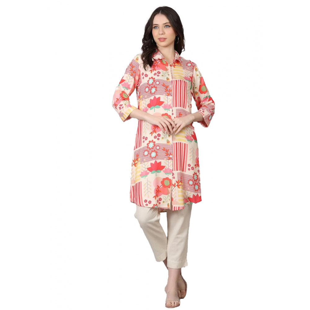 Generic Women's Casual 3/4 Sleeve Viscose Rayon Printed Kurti (Pink)