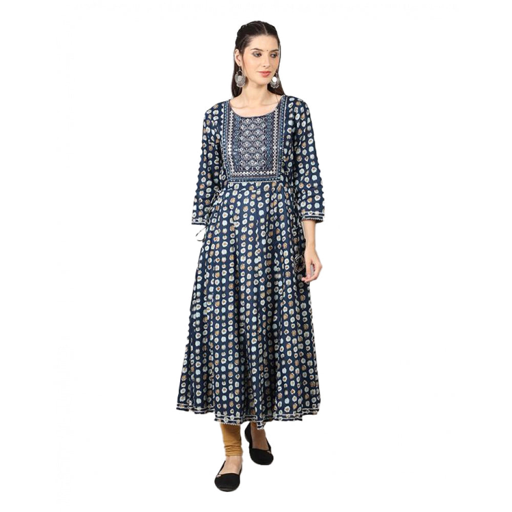 Generic Women's Casual 3/4 Sleeve Cotton Blend Printed Kurti (Dark Blue)