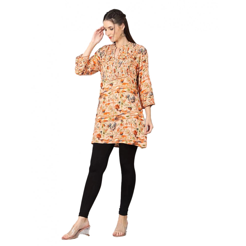 Generic Women's Casual 3/4 Sleeve Viscose Rayon Printed Kurti (Orange)