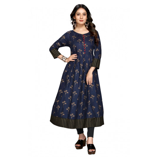 Generic Women's Casual 3/4 Sleeve Viscose Rayon Printed Kurti (Dark Blue)