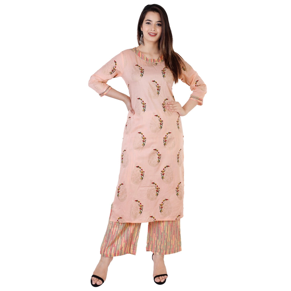 Shopper Beast Women's Casual 3/4 Sleeve Printed Rayon Kurti With Palazzo Set (Peach)