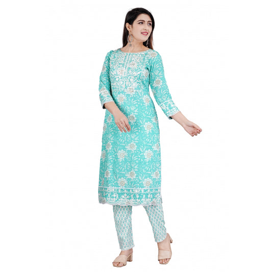 Shopper Beast Women's Casual 3/4 Sleeve Embroidered Rayon Kurti With Pant And Dupatta Set (Sea Green)