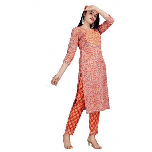 Shopper Beast Women's Casual 3/4 Sleeve Printed Rayon Kurti With Pant Set (Peach)