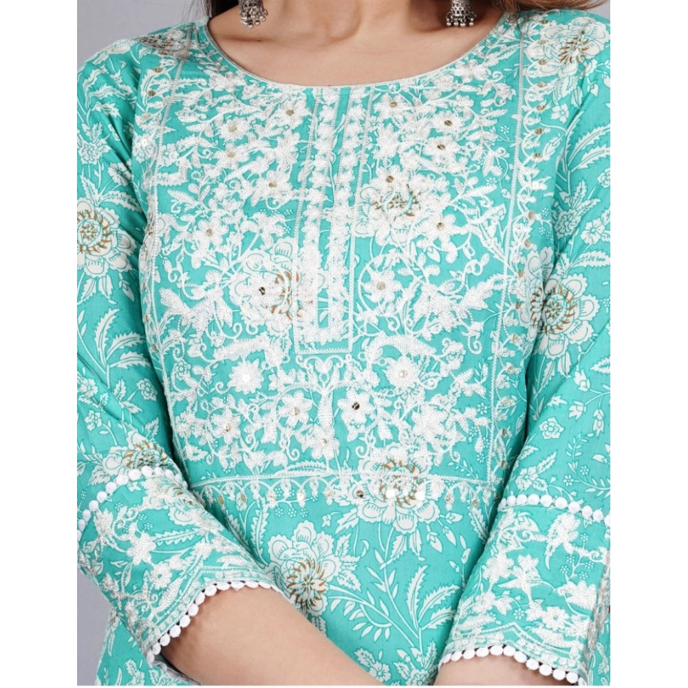 Shopper Beast Women's Casual 3/4 Sleeve Embroidered Rayon Kurti With Pant And Dupatta Set (Sea Green)