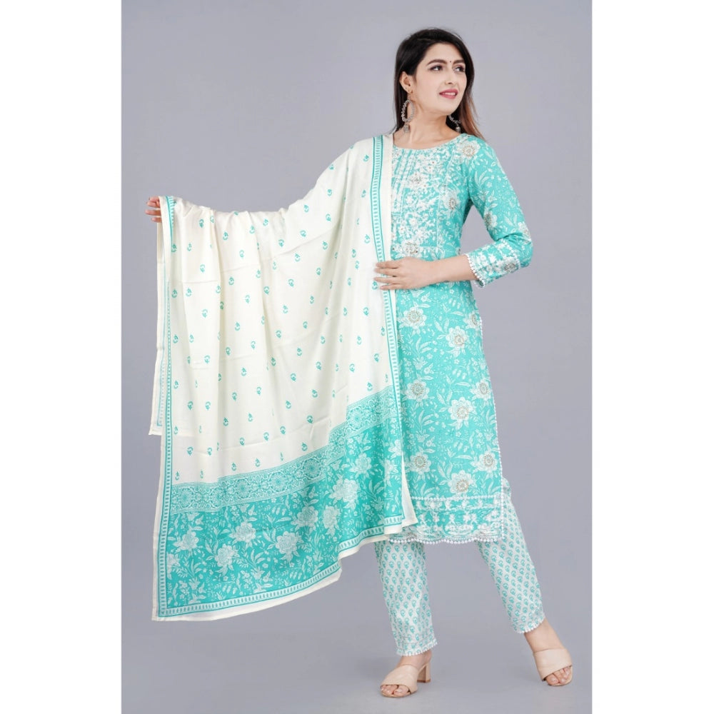 Shopper Beast Women's Casual 3/4 Sleeve Embroidered Rayon Kurti With Pant And Dupatta Set (Sea Green)