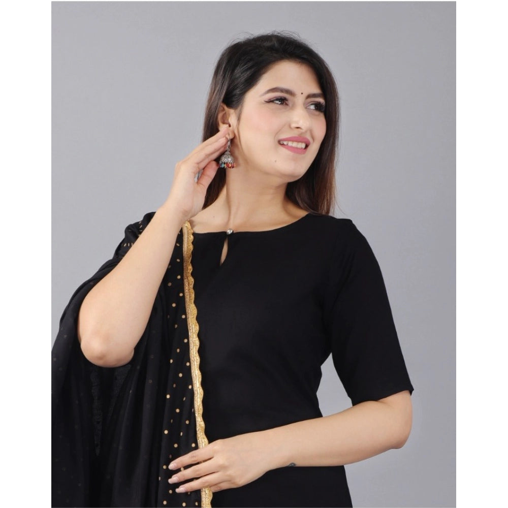 Shopper Beast Women's Casual Half Sleeve Solid Rayon Kurti With Pant And Dupatta Set (Black)