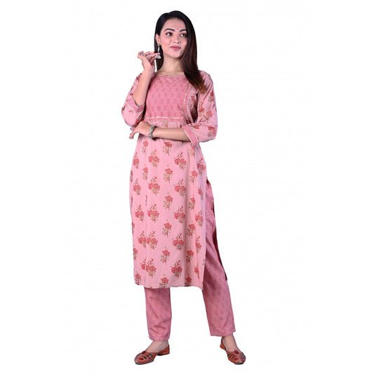 Shopper Beast Women's Casual 3/4 Sleeve Printed Rayon Kurti With Pant Set (Pink)