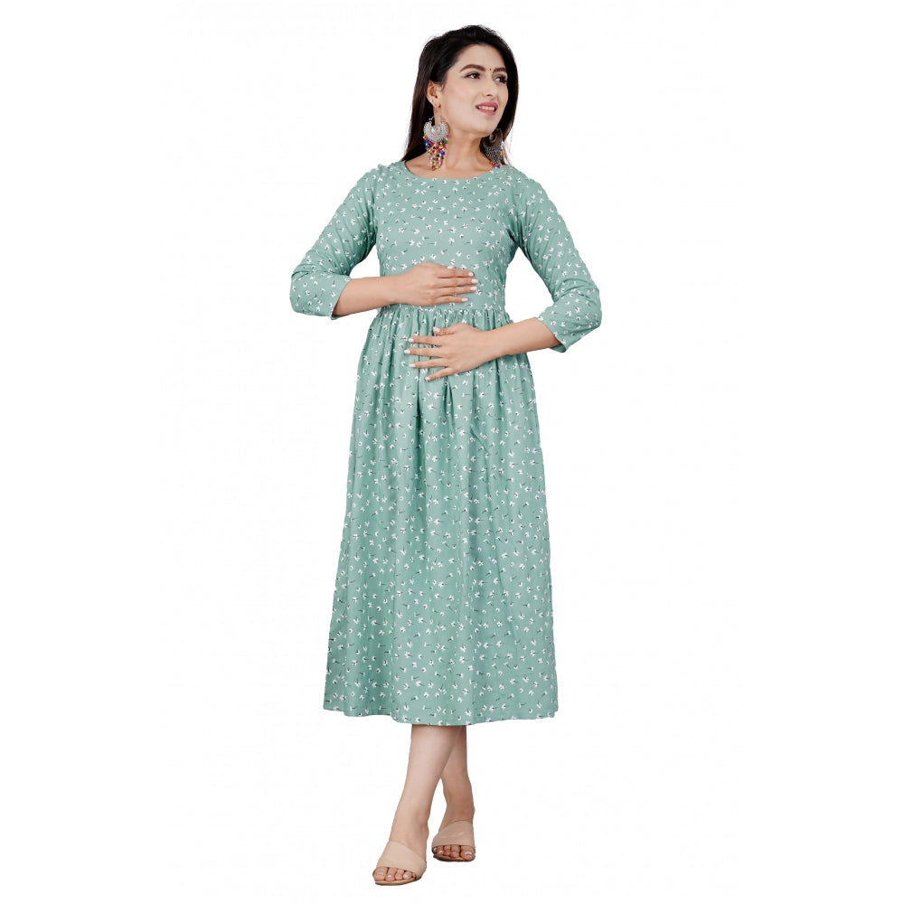 Generic Women's Casual 3/4 Sleeve Printed Viscose Maternity Feeding Kurti (Green)