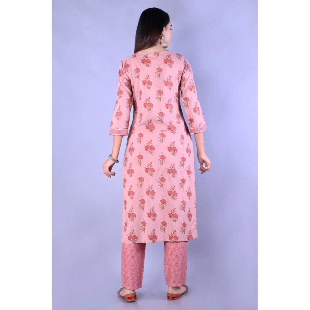 Shopper Beast Women's Casual 3/4 Sleeve Printed Rayon Kurti With Pant Set (Pink)