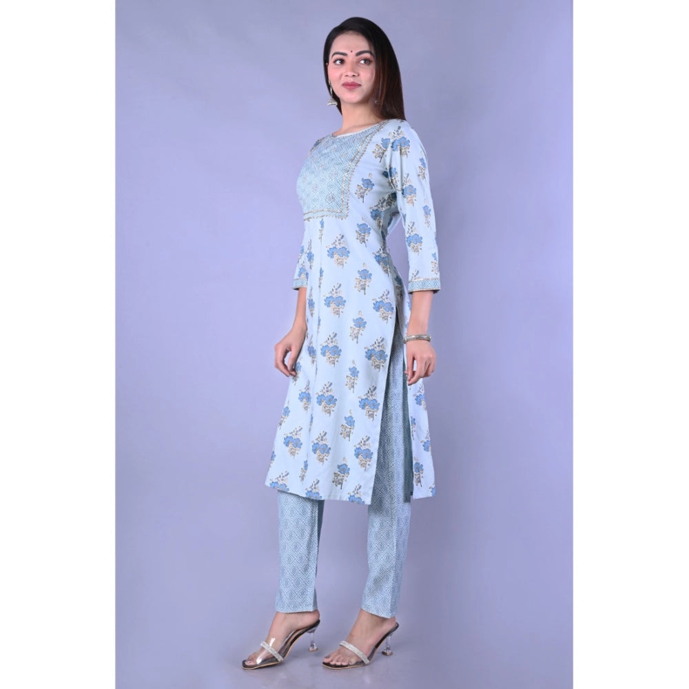 Shopper Beast Women's Casual 3/4 Sleeve Printed Rayon Kurti With Pant Set (Blue)