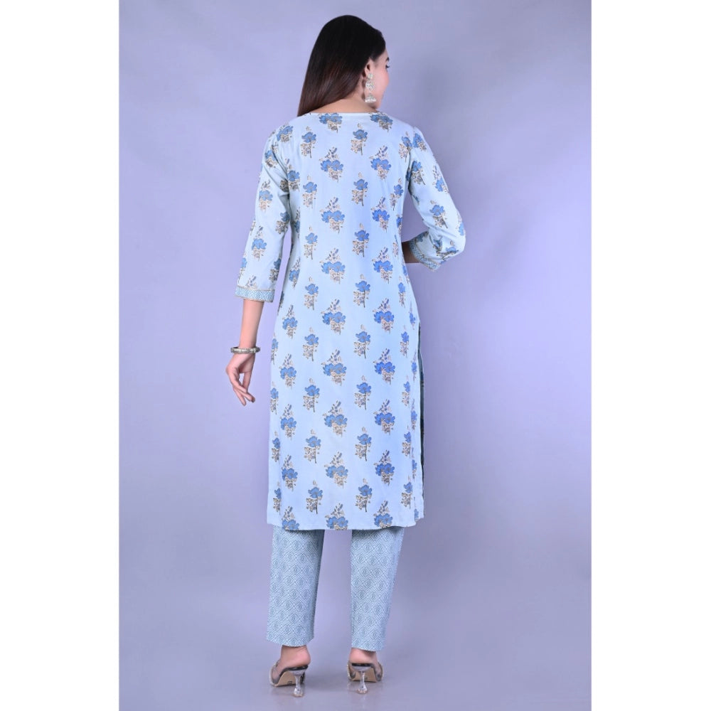 Shopper Beast Women's Casual 3/4 Sleeve Printed Rayon Kurti With Pant Set (Blue)