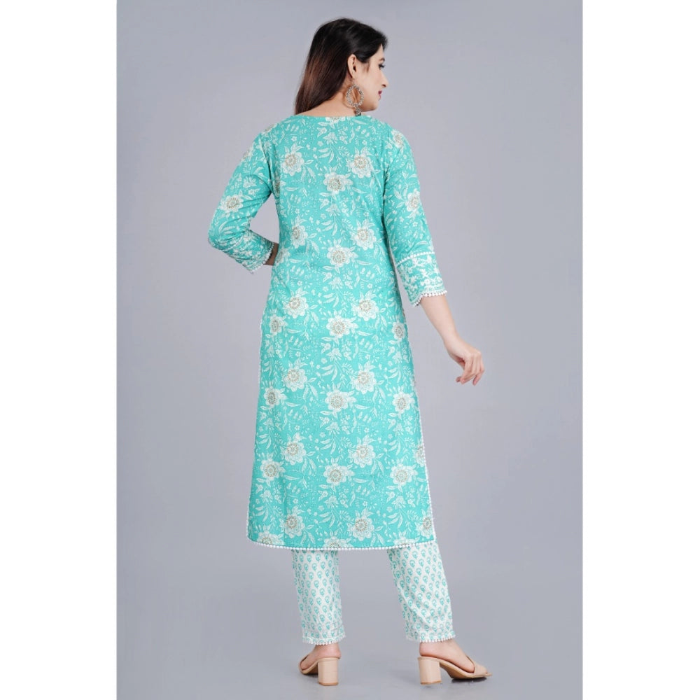 Shopper Beast Women's Casual 3/4 Sleeve Embroidered Rayon Kurti With Pant And Dupatta Set (Sea Green)