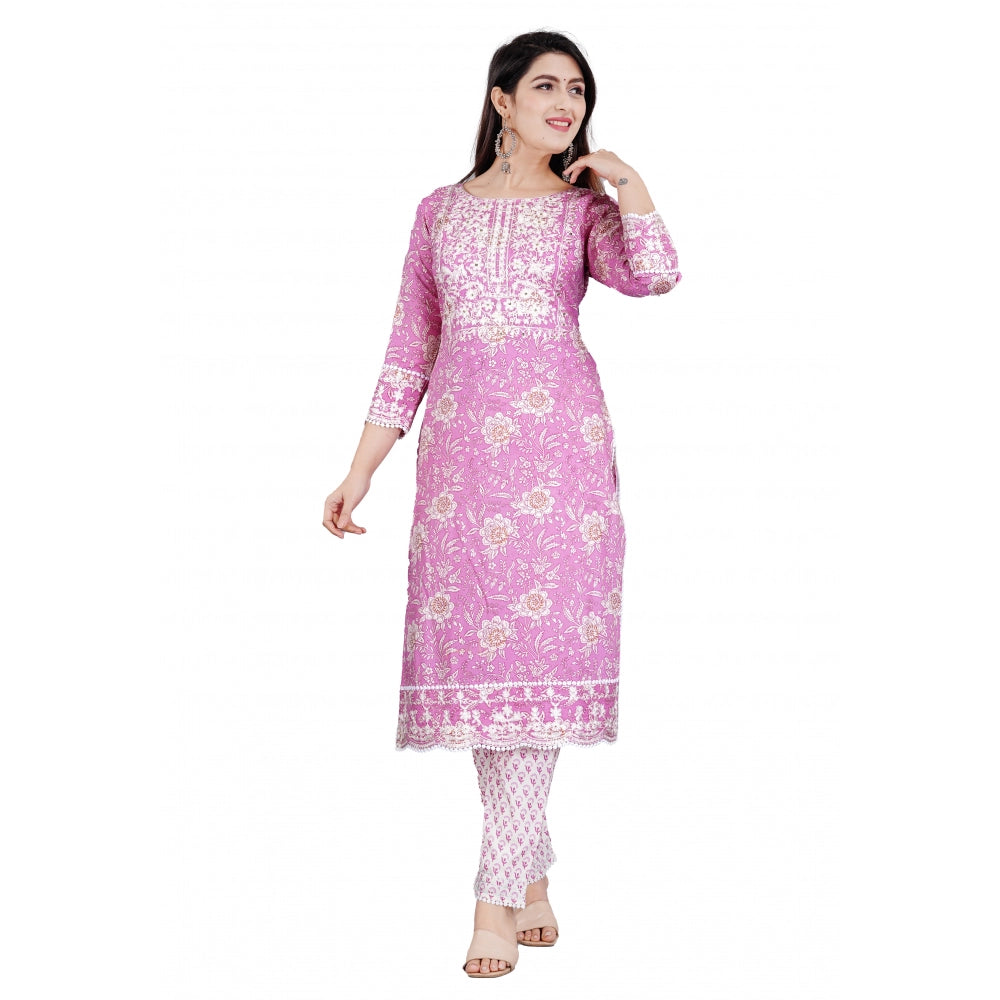 Shopper Beast Women's Casual 3/4 Sleeve Embroidered Rayon Kurti With Pant And Dupatta Set (Purple)