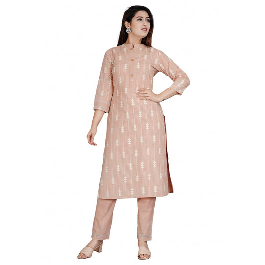 Shopper Beast Women's Casual 3/4 Sleeve Printed Rayon Kurti With Pant Set (Beige)