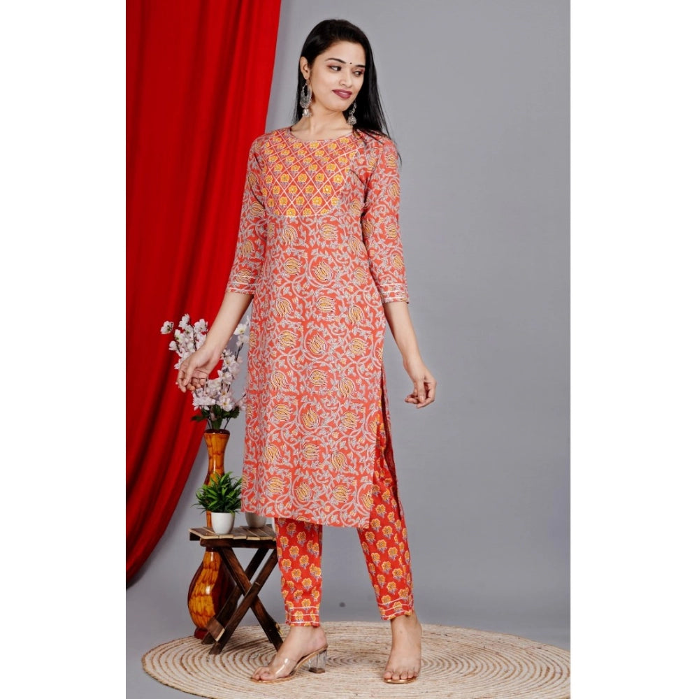 Shopper Beast Women's Casual 3/4 Sleeve Printed Rayon Kurti With Pant Set (Peach)