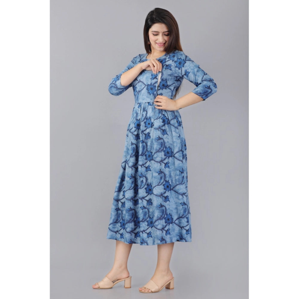 Generic Women's Casual 3/4 Sleeve Printed Viscose Maternity Feeding Kurti (Blue)