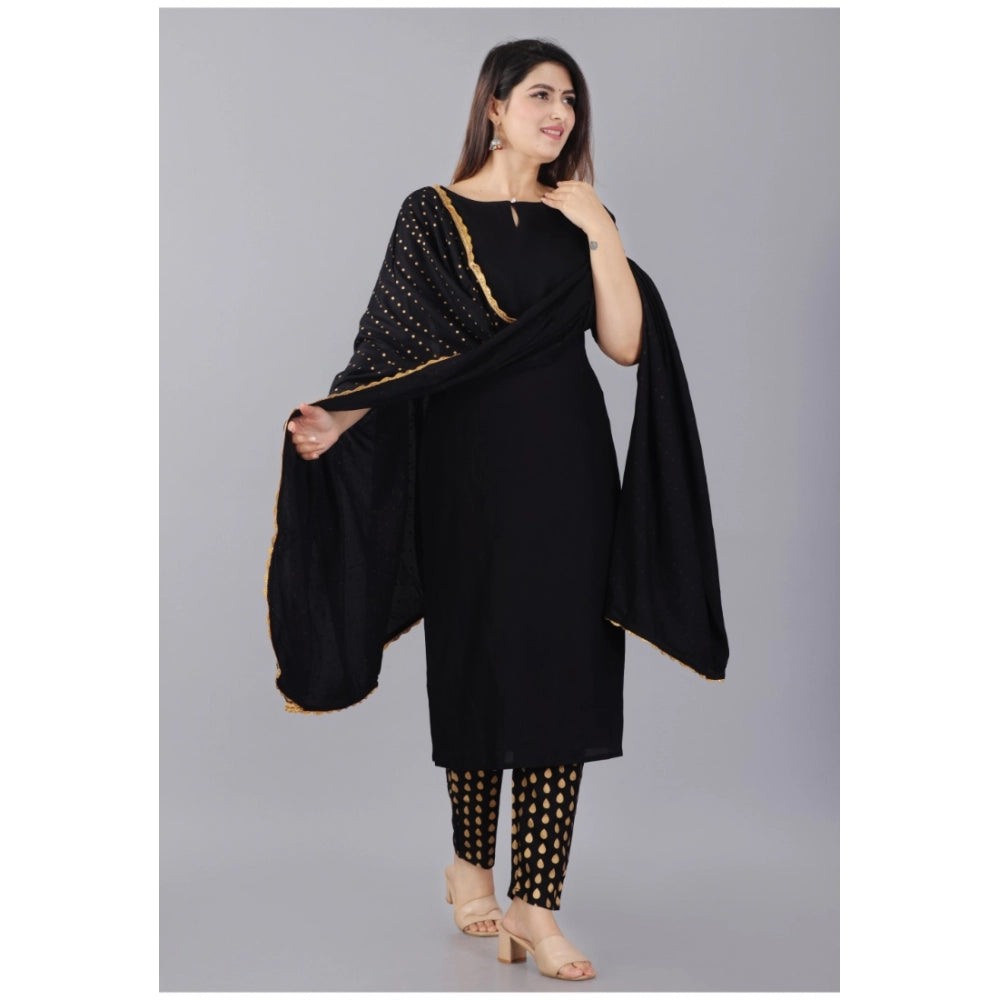 Shopper Beast Women's Casual Half Sleeve Solid Rayon Kurti With Pant And Dupatta Set (Black)