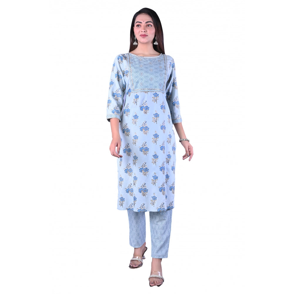 Shopper Beast Women's Casual 3/4 Sleeve Printed Rayon Kurti With Pant Set (Blue)