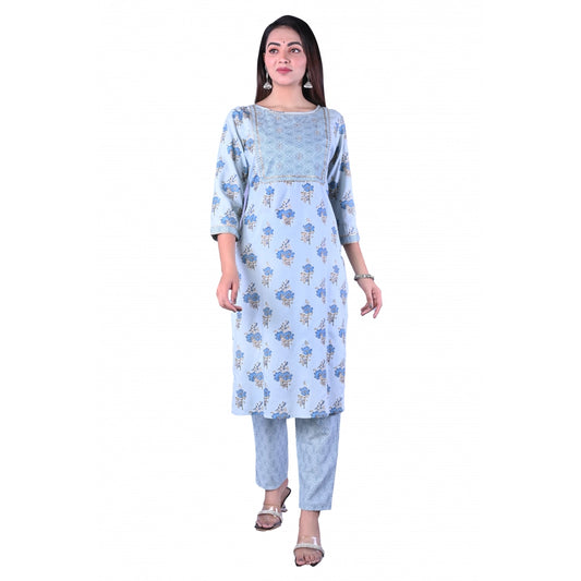 Shopper Beast Women's Casual 3/4 Sleeve Printed Rayon Kurti With Pant Set (Blue)