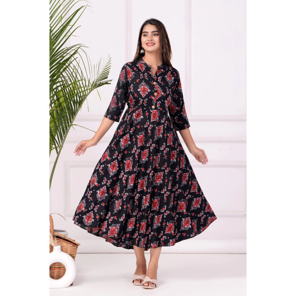 Generic Women's Casual 3/4 Sleeve Printed Rayon Anarkali Gown ( Black)