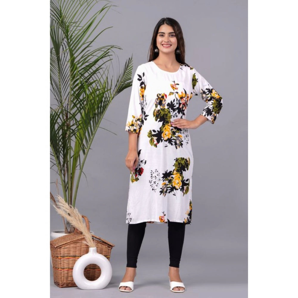 Generic Women's Casual 3/4 Sleeve Printed Rayon Kurti (White)