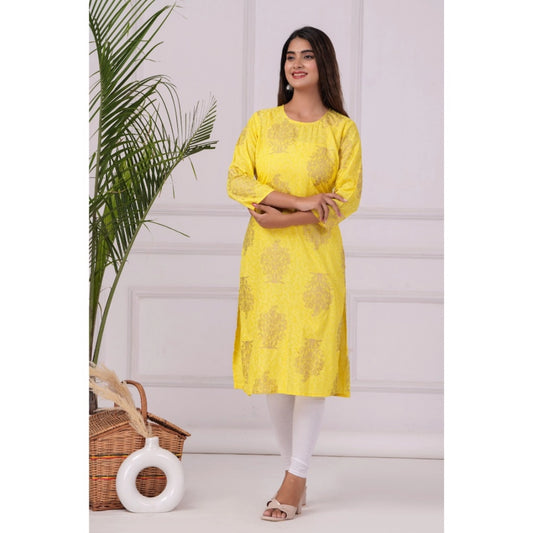 Generic Women's Casual 3/4 Sleeve Printed Rayon Kurti (Yellow)