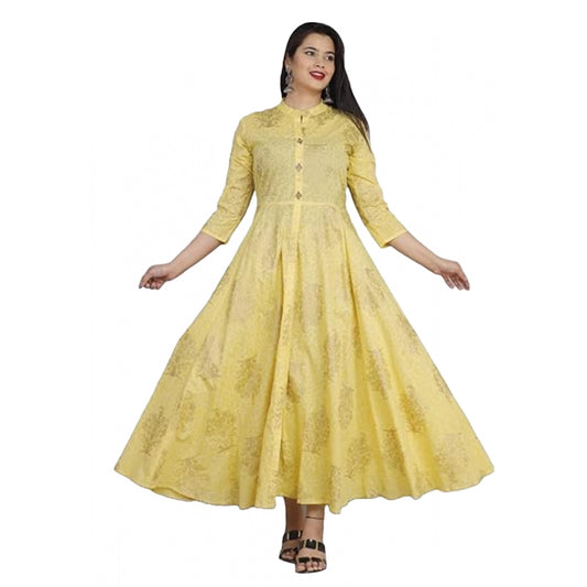 Generic Women's Casual 3/4 Sleeve Floral Printed Rayon Anarkali Gown (Yellow)