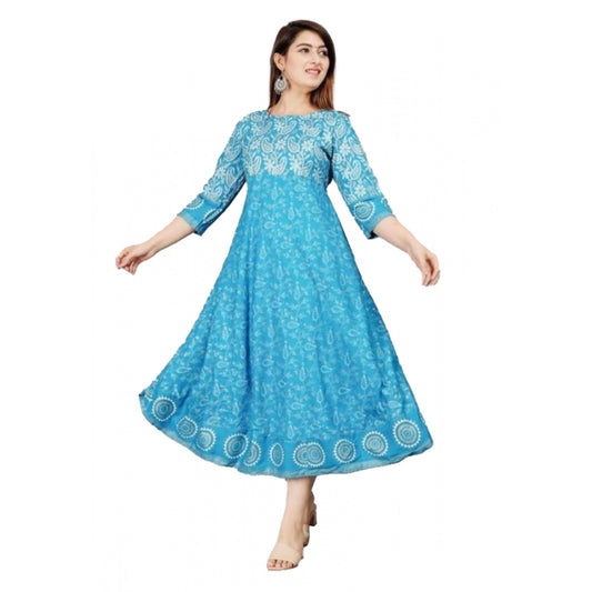 Generic Women's Casual 3/4 Sleeve Printed Rayon Anarkali Gown (Blue)