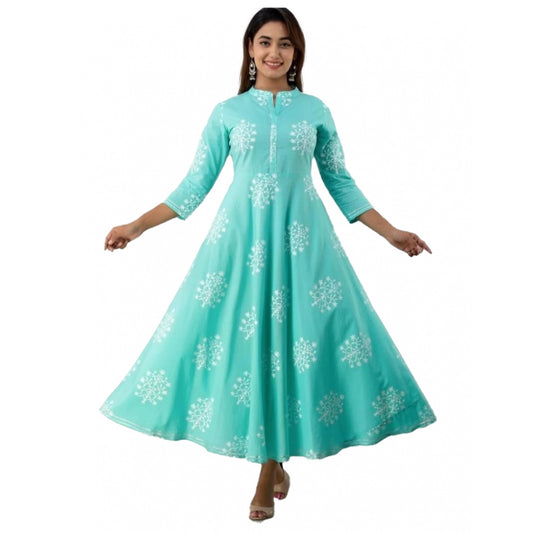 Generic Women's Casual 3/4 Sleeve Printed Rayon Anarkali Gown (Turquoise Green)