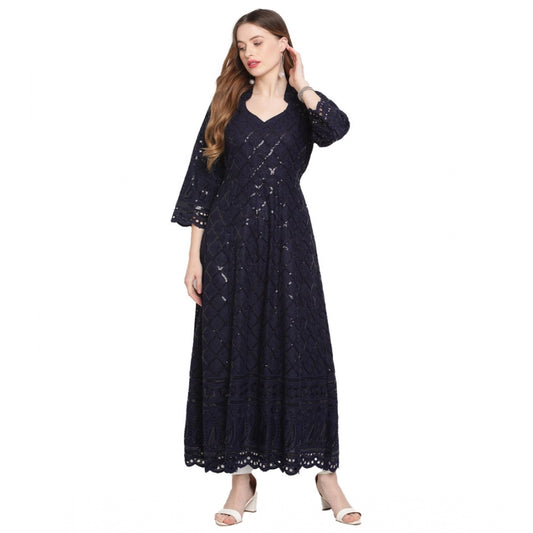 Shopper Beast Women's Casual 3/4th Sleeve Embroidered Cotton Kurti (Navy Blue)