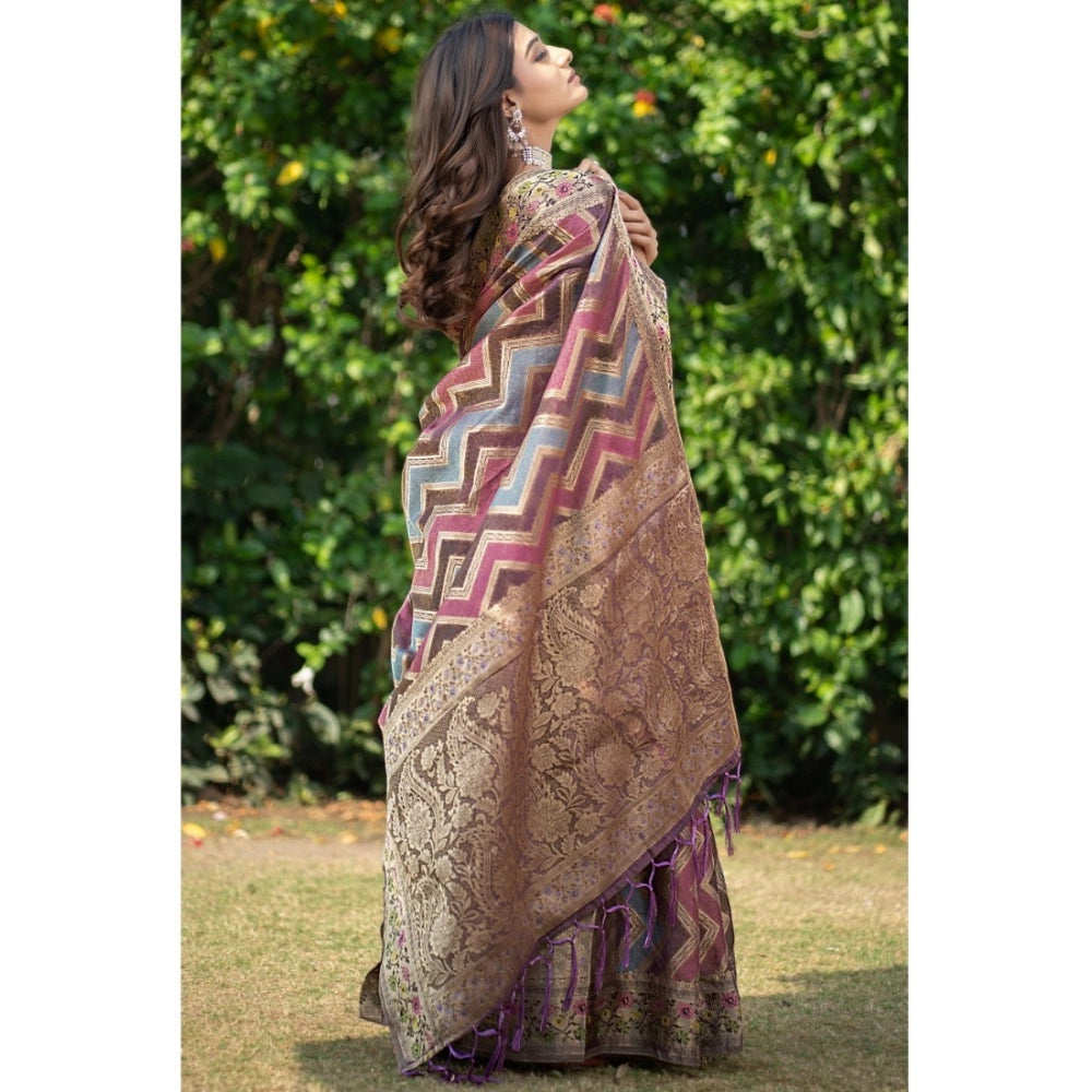 Shopper Beast Women's Organza Printed Saree With Unstitched Blouse (Wine, 5-6 Mtrs)