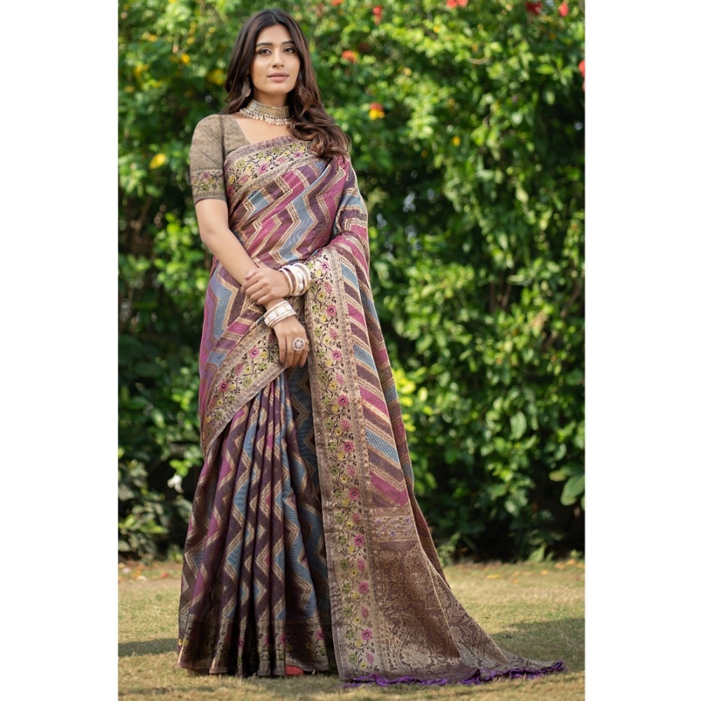 Shopper Beast Women's Organza Printed Saree With Unstitched Blouse (Wine, 5-6 Mtrs)