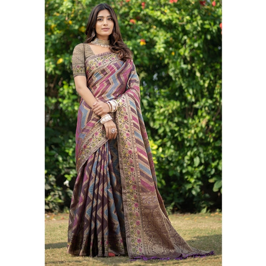 Shopper Beast Women's Organza Printed Saree With Unstitched Blouse (Wine, 5-6 Mtrs)