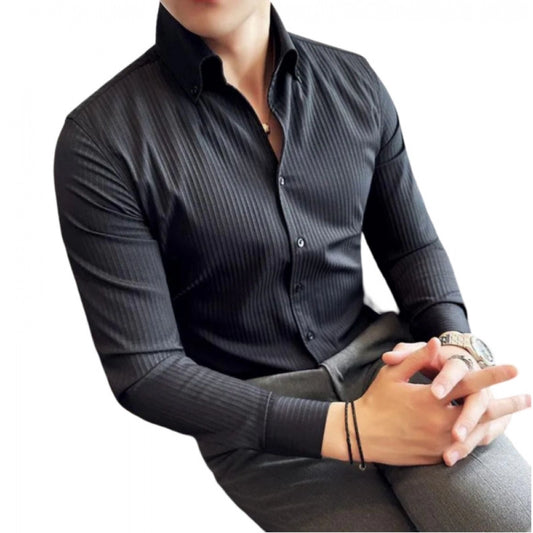 Shopper Beast Men's Casual Full Sleeve Striped Cotton Blended Shirt (Black)