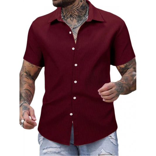 Shopper Beast Men's Casual Short Sleeve Striped Cotton Blended Shirt (Maroon)