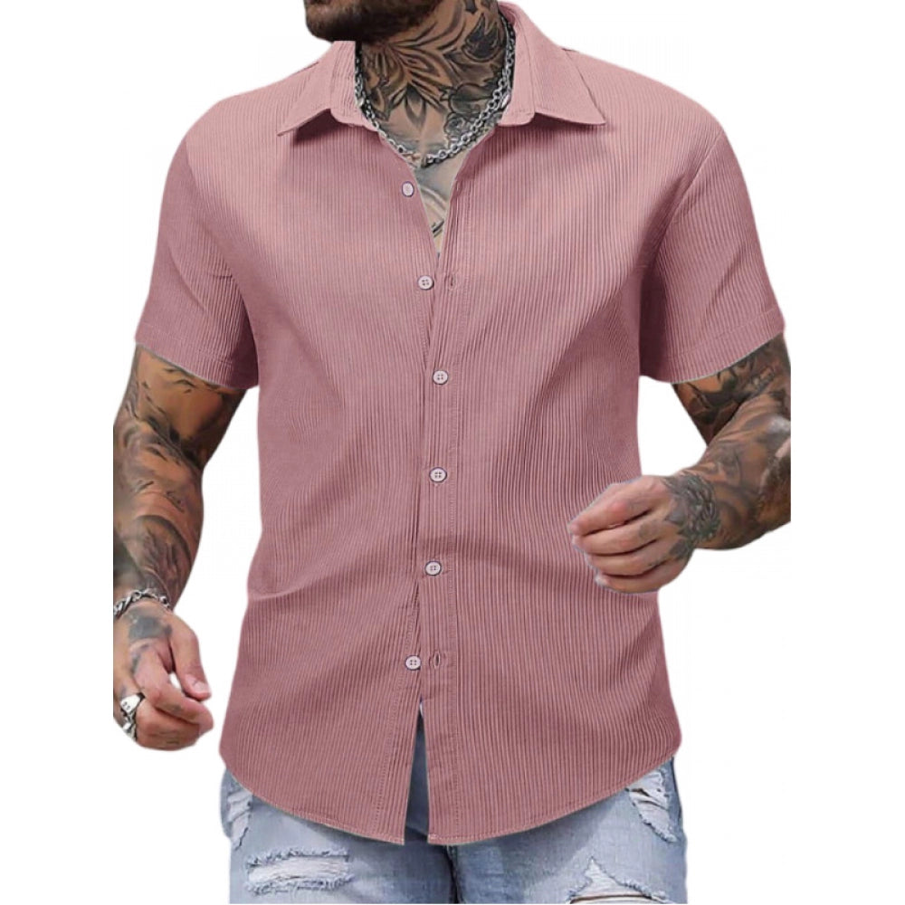 Shopper Beast Men's Casual Short Sleeve Striped Cotton Blended Shirt (Pink)