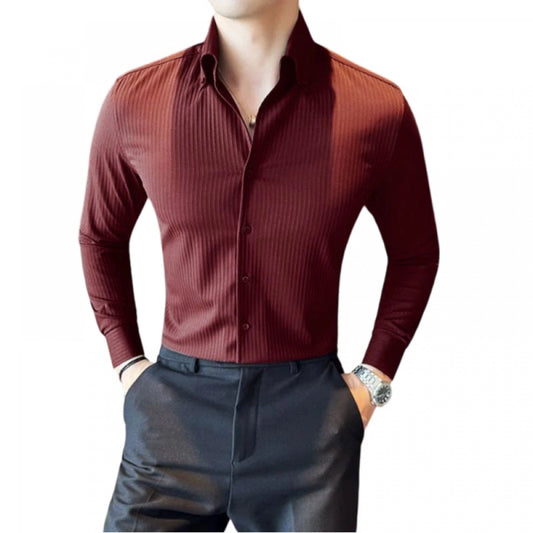 Shopper Beast Men's Casual Full Sleeve Striped Cotton Blended Shirt (Maroon)