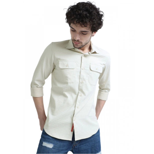 Shopper Beast Men's Casual Full Sleeve Striped Cotton Blended Shirt (Cream)