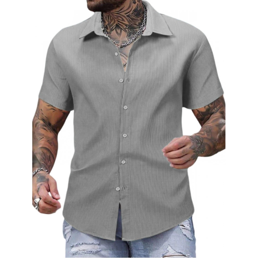 Shopper Beast Men's Casual Short Sleeve Striped Cotton Blended Shirt (Grey)