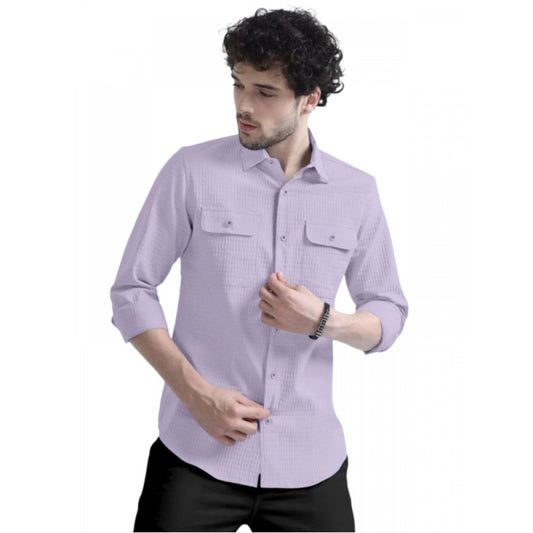 Shopper Beast Men's Casual Short Sleeve Striped Cotton Blended Shirt (Purple)