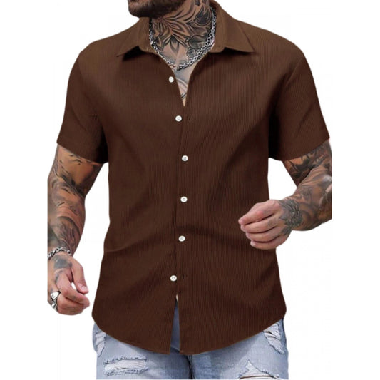 Shopper Beast Men's Casual Short Sleeve Striped Cotton Blended Shirt (Brown)