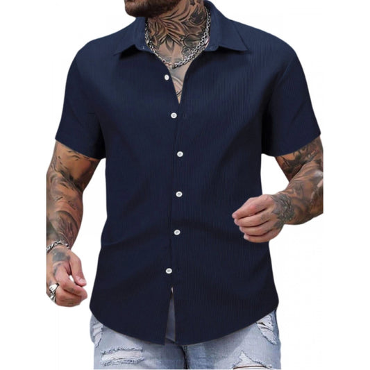 Shopper Beast Men's Casual Short Sleeve Striped Cotton Blended Shirt (Navy)