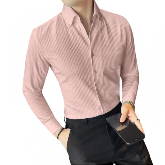 Shopper Beast Men's Casual Full Sleeve Striped Cotton Blended Shirt (Pink)