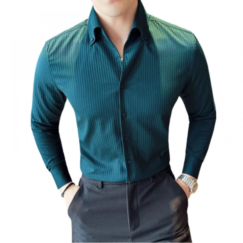 Shopper Beast Men's Casual Full Sleeve Striped Cotton Blended Shirt (Teal)