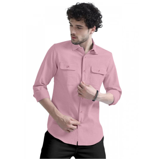 Shopper Beast Men's Casual Short Sleeve Striped Cotton Blended Shirt (Pink)