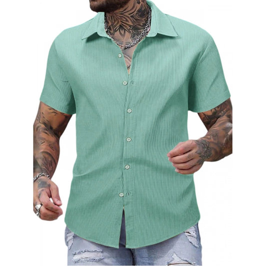 Shopper Beast Men's Casual Short Sleeve Striped Cotton Blended Shirt (Green)