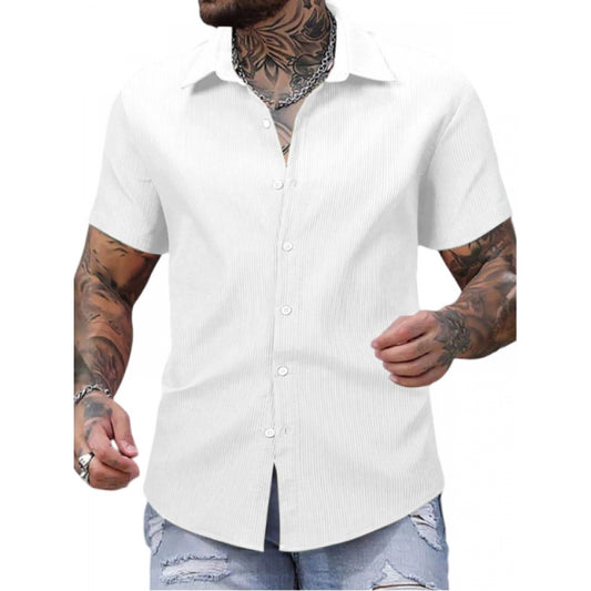 Shopper Beast Men's Casual Short Sleeve Striped Cotton Blended Shirt (White)