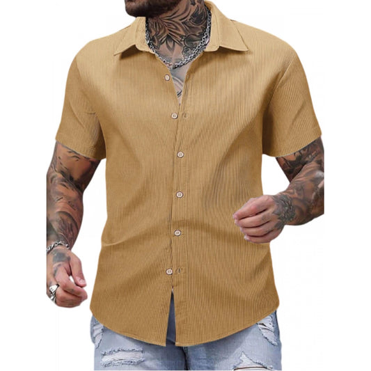 Shopper Beast Men's Casual Short Sleeve Striped Cotton Blended Shirt (Yellow)