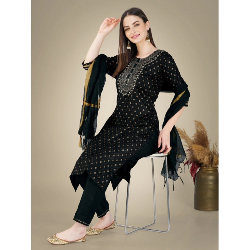 Shopper Beast Women's Casual 3-4 th Sleeve Embroidery Cotton Kurti Pant Dupatta Set (Black)